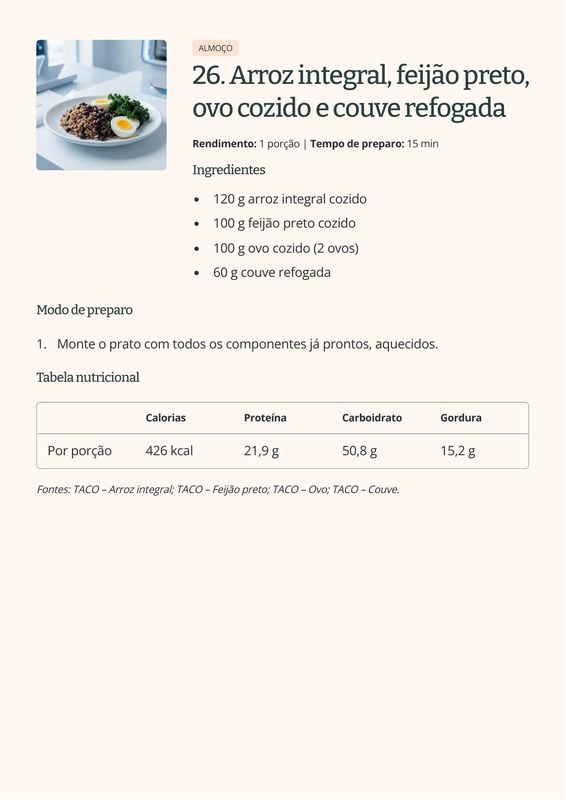 Página 2 do ebook Caloria Certa, com foto do prato, ingredientes em gramas e a tabelinha de calorias