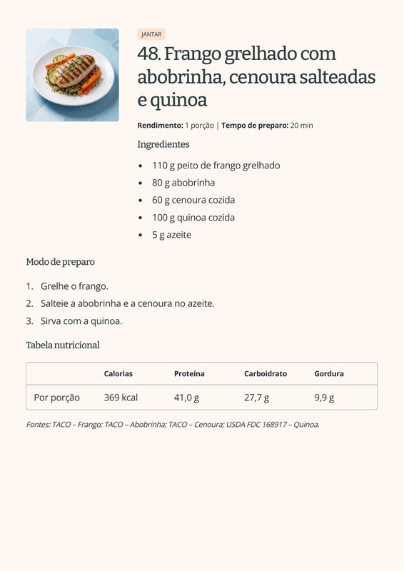 Página 3 do ebook Caloria Certa, com foto do prato, ingredientes em gramas e a tabelinha de calorias